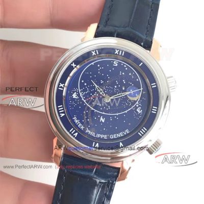 Perfect Replica Patek Philippe Celestial Watch - Blue Dial 43mm Black Leather Strap